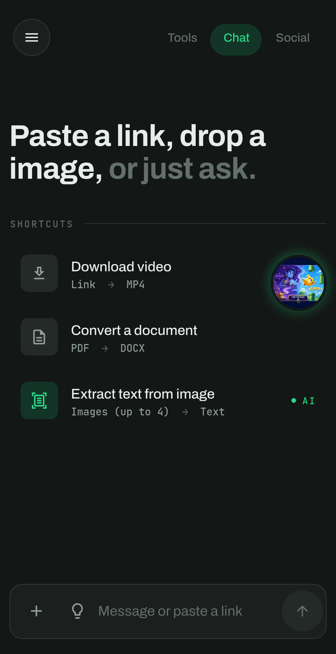AiZone app showing video download, document conversion, and text extraction shortcuts