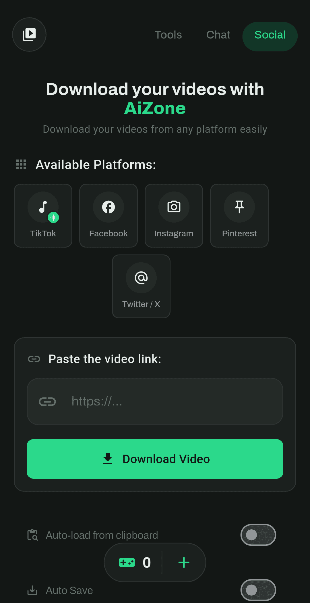 AiZone Social screen for downloading videos from supported platforms