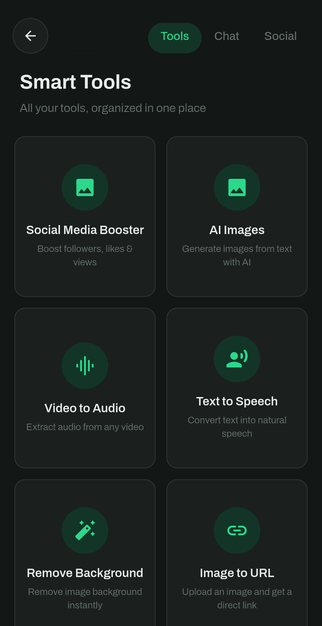 AiZone Smart Tools screen with image, audio, speech, and sharing utilities